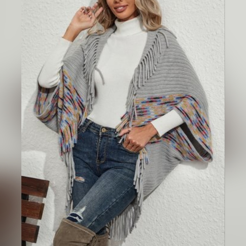 Gray Fringe-Accent Open Cardigan  Fits Range Jrs (S) to Wom (6) NWT